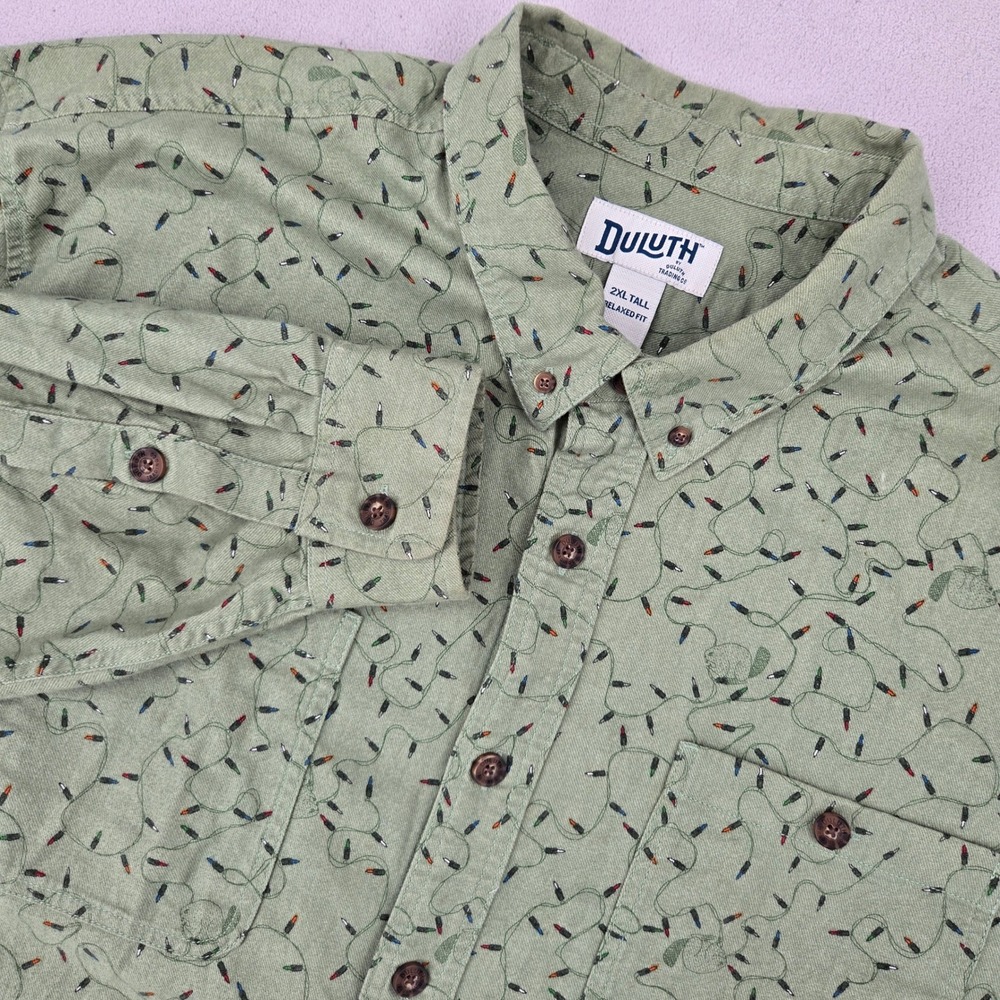 Duluth Mens 2XL Tall Shirt Christmas Lights Beaver Relaxed Fit Green Button Down